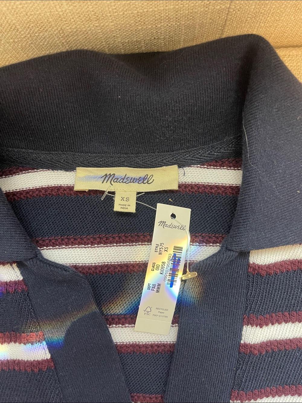 Madewell Navy, White & Burgundy Striped Polo-Style Long Sleeve Top - Picture 4 of 8